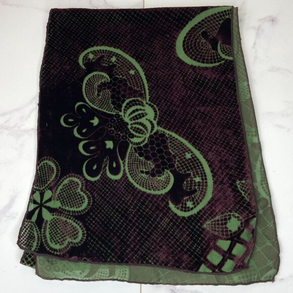 Dana Herbert Dark Purple Green Flocked Velvet Geometric Baroque Print Scarf 60" - Picture 7 of 12